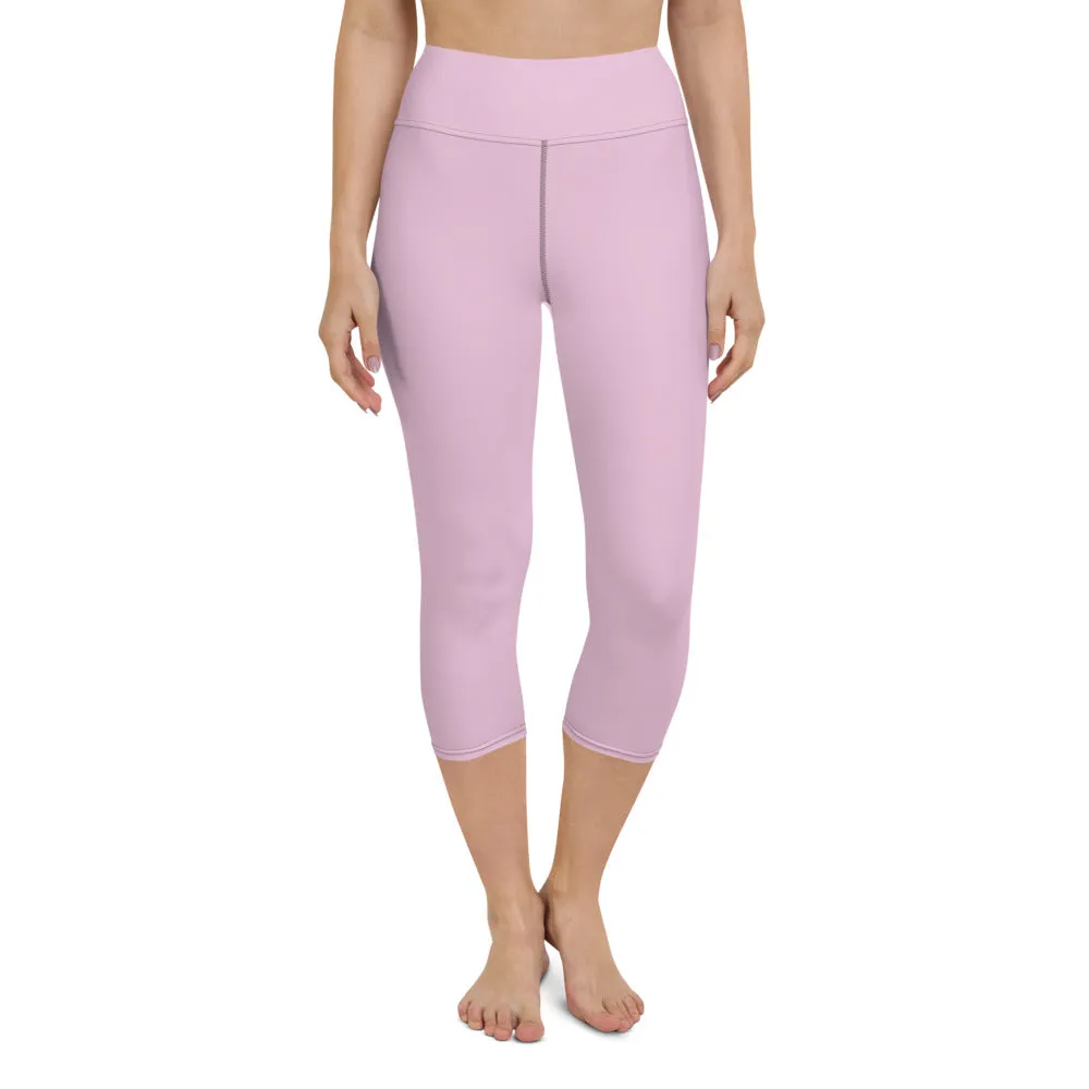 Solid Pink Yoga Capri Leggings, Solid Pink Color Designer Capris Tights-Made in USA/EU/MX